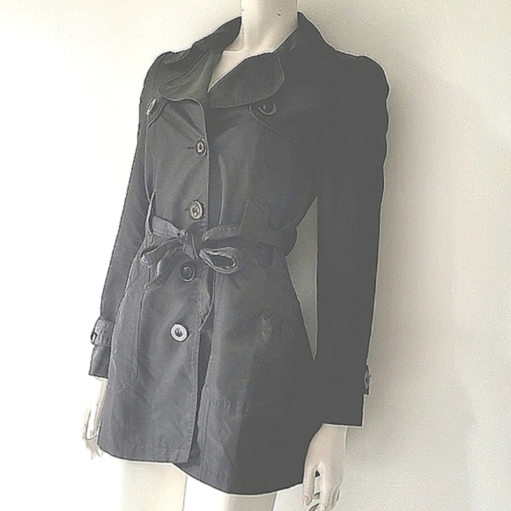 River Island Black Button-Down Tie Waist Trench Coat Size M